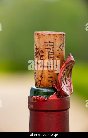 Cork on Pomerol, Chateau Le Pin, Bordeaux Weinflasche Stockfoto