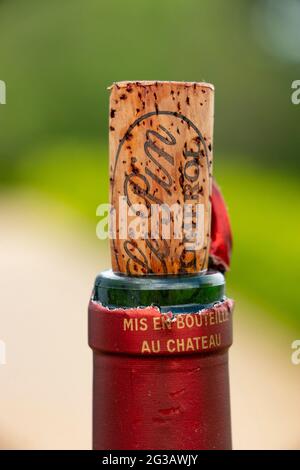 Cork on Pomerol, Chateau Le Pin, Bordeaux Weinflasche Stockfoto