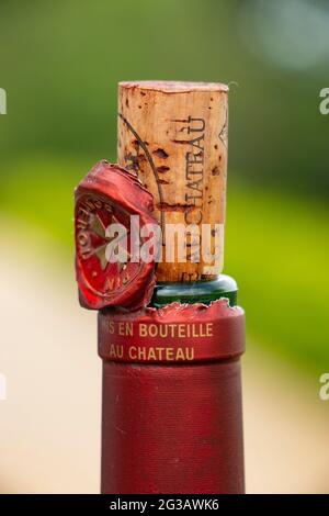 Cork on Pomerol, Chateau Le Pin, Bordeaux Weinflasche Stockfoto
