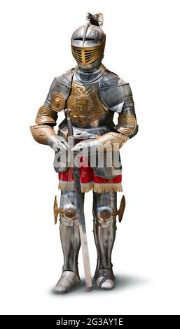 Mittelalterlicher Ritter mit Schwert in schwerem Panzergeschirr aus Metall, isoliert auf weißem Hintergrund Stockfoto