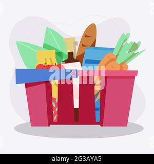 Supermarkt Lebensmittelkorb voll mit verschiedenen Lebensmitteln. Vektorgrafik im flachen Stil Stock Vektor