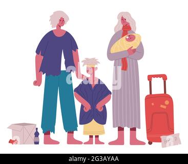 Obdachlose Familie. Arme, hungrige und schmutzige Vater, Mutter und Kinder, Flüchtling stateless Familie Cartoon Vektorgrafik. Familie in Krisensituation Stock Vektor