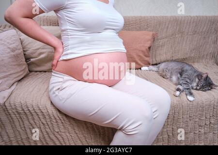 Übung zur Linderung von Rückenschmerzen, Training . Die Schwangere hält sich an einen schmerzenden unteren Rücken im häuslichen Interieur, Lebensstil Stockfoto