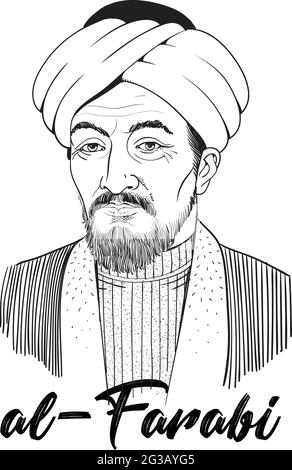 Abu Nasr al-Farabi war ein renommierter Philosoph und Jurist, der sich mit politischer Philosophie, Metaphysik, Ethik und Logik bewog. Er war auch Wissenschaftler, Stock Vektor