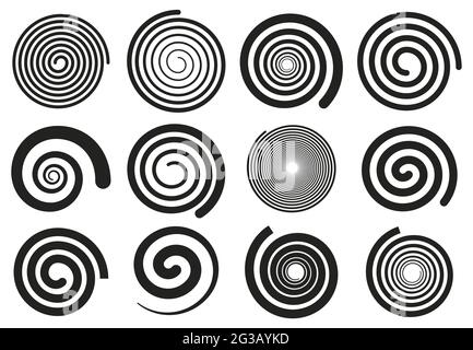 Abstrakte Spiralen. Wirbelwirbel-Bewegungs-Elemente, einfache rotierende Spiralen Silhouetten isolierte Vektor-Illustrationsset. Spiralförmige, rotierende Streifen Stock Vektor