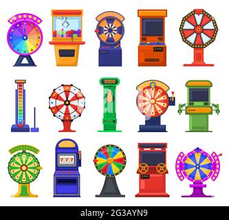 Spielautomaten. Arcade-Videospiele, Casino-Glücksspiele-Spielautomaten und Münzunterhaltungs-Geräte Vektor-Illustrationsset. Retro-Glücksspiel Stock Vektor
