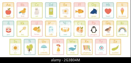 Alphabet Kinderkarten. Kindergarten abc Lernen, Kinder Bildung Tiere, Früchte und Spielzeug Karten Vektor Illustration Set. Nettes Alphabet für Kinder Stock Vektor