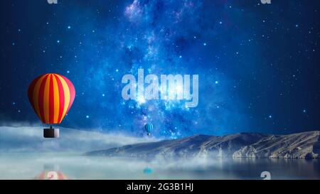 Zwei Heißluftballons fliegen über Meer, Berg, Nebel mit buntem Nebel, Nachthimmel und Sternen. Raum, Reisen, Transporthintergrund, 3D-Rendering Stockfoto