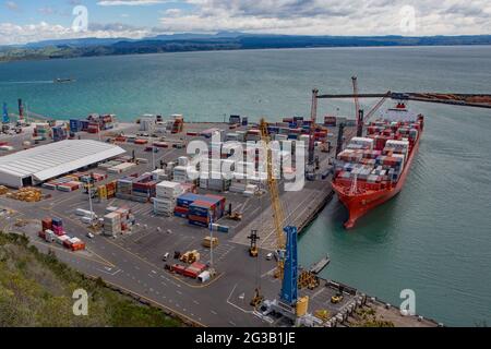 Containerschiff MV Rio Madeira mit Deck mit Containern gestapelt und von oben im Hafen von Napier, Neuseeland, betrachtet. Vertäut am Container Wharf. Stockfoto