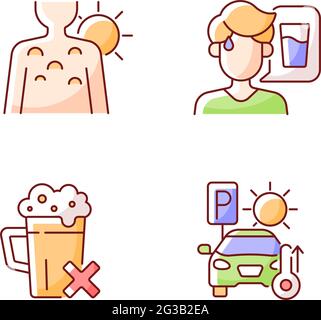 Vorsichtsmaßnahmen bei Sonneneinschlag RGB-Farbsymbole eingestellt Stock Vektor