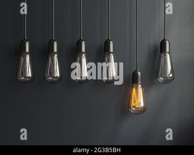 Lampe Idee Konzept glühendes Licht auf schwarzem Hintergrund.3d-Rendering Stockfoto