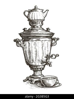 Samovare Skizze. Russische traditionelle altmodische Art des Teetrinkens. Vintage-Vektorgrafik Stock Vektor