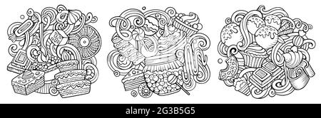 Desserts Cartoon Vektor Doodle Designs Set. Skizzenhafte, detailreiche Kompositionen mit vielen süßen Food-Objekten und Symbolen. Isoliert auf weißen Abbildungen Stock Vektor