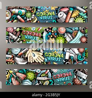 Cartoon Vektor Doodle Satz von Coronavirus-Banner-Vorlagen. Corporate Identity für die Verwendung auf Apps, Branding, Flyern, Webdesign. Lustige bunte Illus Stock Vektor