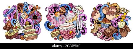 Desserts Cartoon Vektor Doodle Designs Set. Farbenfrohe, detailreiche Kompositionen mit vielen süßen Food-Objekten und Symbolen. Isoliert auf weißen Abbildungen Stock Vektor