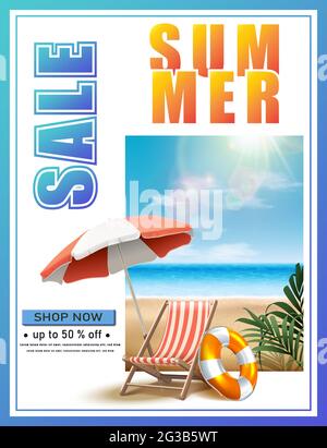 Vector Sommer Verkauf Hintergrund mit Sonnenliege und Sonnenschirm am Strand. Stock Vektor