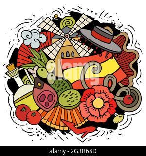 Spanien handgezeichnete Cartoon Doodle Illustration. Lustige spanische Elemente und Objekte Design. Kreative Kunst Vektor Hintergrund Stock Vektor