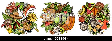 Sommer Cartoon Vektor Doodle Designs Set. Farbenfrohe, detailreiche Kompositionen mit vielen sommerlichen Objekten und Symbolen. Isoliert auf weißen Abbildungen Stock Vektor