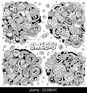Sweet Food Cartoon Vektor Doodle Designs Set. Skizzenhafte, detailreiche Kompositionen mit vielen Dessertobjekten und Symbolen. Alle Elemente sind getrennt Stock Vektor