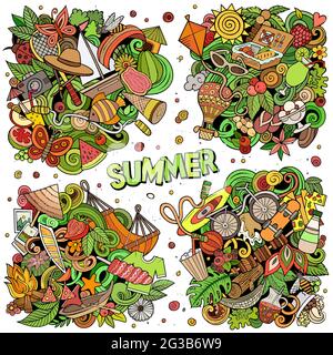 Sommer Cartoon Vektor Doodle Designs Set. Farbenfrohe, detailreiche Kompositionen mit vielen Saisonobjekten und Symbolen. Alle Elemente sind getrennt Stock Vektor