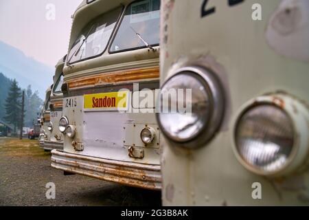 Sandon, British Columbia, Kanada - 24. August 2018. Sandon Ghost Town Busse. Alte Vancouver Trolleybusse, die in der Geisterstadt Sandon in Kootenay geparkt sind, Stockfoto