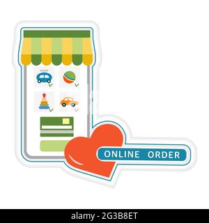 Vektor Illustration Sticker Online bestellen. Online Spielwaren per Handy bestellen. Lieferung zu Hause. Frohe Kindheit. Shopping Verkauf Kauf Design für prin Stock Vektor