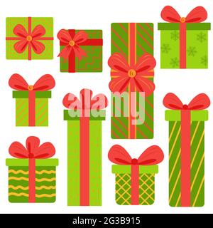 Geschenkschachteln, Geschenke Icon-Set. Handgezeichnete Doodle-Kollektion. Verkaufskonzept. Geburtstagsfeier Weihnachten. Zeichentrickelemente, flaches Design illustrati Stock Vektor