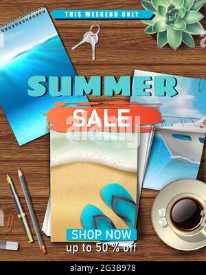Vector Sommer Hintergrund mit Holztisch und Bilder vom Meer und Sandstrand darauf. Sommerangebot. Stock Vektor