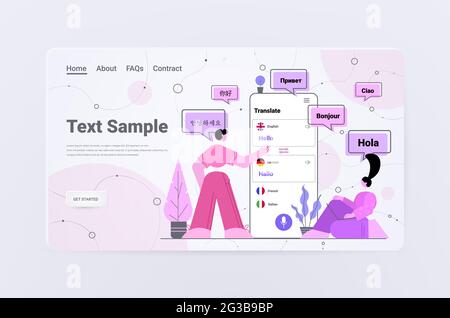 Personen, die eine mobile Übersetzungsanwendung verwenden, begrüßen mehrsprachig das internationale Kommunikationskonzept Stock Vektor