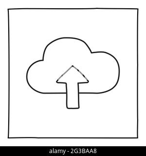 Doodle Cloud Upload-Symbol oder -Logo, handgezeichnet mit dünner schwarzer Linie Stock Vektor