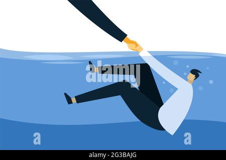 Ein ertrinkender Mann im Wasser, der eine helfende Hand hält Stock Vektor