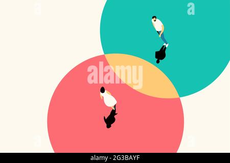 Zwei Menschen, die in verschiedenen Kreisen gehen, überschneiden sich als Symbol des Konsenses der Meinungen Stock Vektor