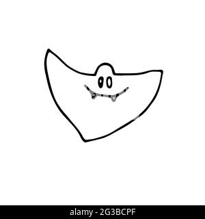 Doodle Halloween lächelnder Geist. Umreißen Sie das Zeichen mit den Reißzähne, die auf weißem Hintergrund isoliert sind. Handgezeichnete niedliche gruselige böse Geister. Zeichen der Vektorerscheinung Stock Vektor