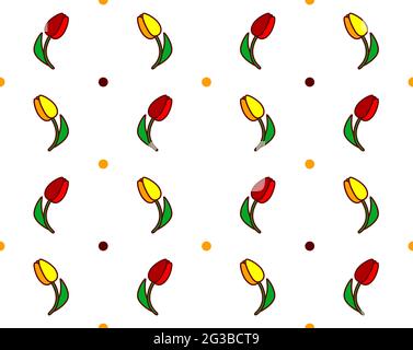 Tulpen Nahtloses Blumenmuster. Gelbe, rote Blüten isoliert auf hellem Hintergrund. Flache niedliche minimalistische Pflanzen. Vektor Frühling, Sommer Punkt illustrationo Stock Vektor