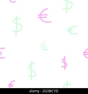 Nahtloses Währungsmuster. Pastell Dollar und Euro Zeichen. Weiß, rosa, blaue Farben eines modernen Hintergrunds für Tapeten, Poster, Geschenkpapier, textil Stock Vektor