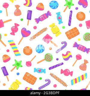 Niedliches, mehrfarbiges Bonbon-Set. Zucker Süßigkeiten isoliert auf weißem Hintergrund. Gummy, Schokolade, Karamell, Lutscher, Gelee, Pfefferminze, Marmelade, Tropfen d Stock Vektor