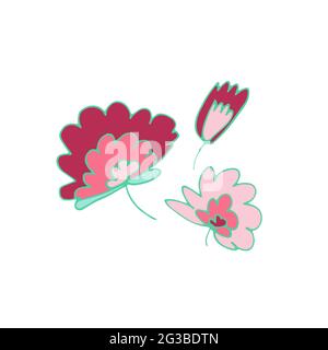 Doodle Set Blumen. Rosa Blüten und Knospen isoliert auf weißem Hintergrund. Handgezeichnete Pflanzen mit Blütenblättern. Stilisierte Pfingstrosen, Rosen, Tulpen. Feminine römerin Stock Vektor