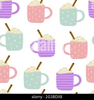 Nahtlos Cute skandinavischen Vektor Stock Muster. Rosa, blaue, violette Tassen mit heißen Getränken, Schaum, Creme, Zimt. Eiernang, Kaffee, Kakao, Schokolade, mil Stock Vektor