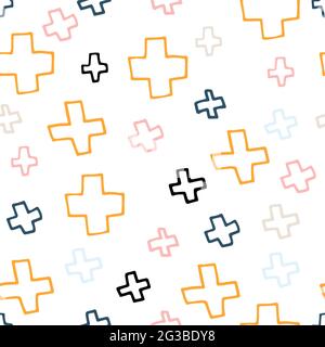 Nahtloses skandinavisches Muster. Gelbe, rosa, schwarz, Gold, blaue handgezeichnete Kreuze auf weißem Grund. Dezente, kuschelige Verzierung. Vektorgrafiken f Stock Vektor