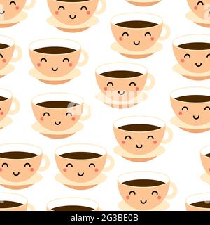 Kawaii Kaffee oder Teetasse nahtloses Muster. Tasse mit einem heißen Getränk isoliert auf weißem Hintergrund. Lustiger Charakter mit Augen und Mund. Lächelnd freundlich ma Stock Vektor