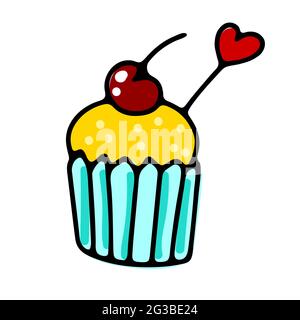 Doodle Cupcake mit Herz und Kirsche. Handgezeichnete Farbe niedlichen Dessert isoliert auf weißem Hintergrund. Süßes Backen Zeichen der Liebe, Valentinstag, Geburtstag Stock Vektor