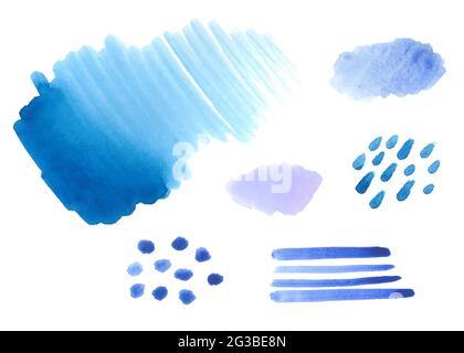 Satz blauer Aquarellfarben, isoliert auf weißem Hintergrund. Verschiedene Pinsel, Streifen, Linien, Kreise, Punkte, Wellen, Drucke, Hintergründe. Vektormaterial Stock Vektor