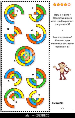 Abstrakte visuelle Logik Puzzle: Wie wird es gemacht? Welche zwei Stücke wurden zur Herstellung des Musters 5 verwendet? Antwort enthalten. Stock Vektor