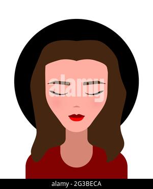 Porträt eines Mädchens in einem Hut. Lächelnde weiße Frau mit braunen Haaren und geschlossenen Augen. Charakter mit Make-up, roten Lippen und erröten. Vektorgrafik Stock Vektor