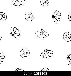 Seashells Nahtloses Vektor-Sommermuster. Schwarze Umrisse von Meeresschnecken isoliert auf weißem Hintergrund. Illustration mit zufälliger Schale für Tapete, wickeln Stock Vektor