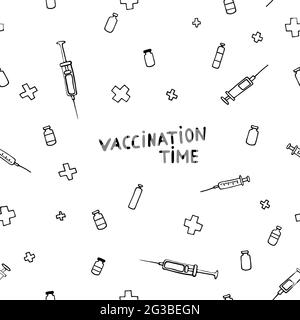 Zeit für die Impfung. Nahtloses medizinisches Muster. Impfung gegen Influenza und andere Krankheiten, Krankheitsvorbeugung, Gesundheitsversorgung. Vektorbild mit Pharma Stock Vektor