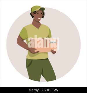 Lächelnde Lieferung schwarzer Mann in Uniform mit Box in den Händen. Kurier mit Paket. Vektorgrafik. Flacher Style Stock Vektor