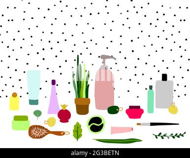 Skandinavisch gemütlich Vektor Badezimmer Interieur. Kosmetik an der Punktewand. Hygge handgezeichnete Illustration mit Heimpflanzen, Hygiene- und Make-up-Produkten Stock Vektor
