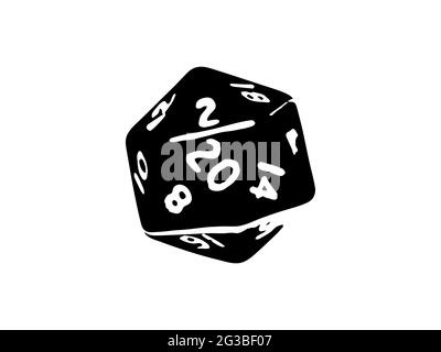 Black Dice für Brettspiele. Eine Figur mit zwanzig Gesichtern. Isolierte Vektordarstellung auf weißem Hintergrund. Objekt d 20 zum Werfen während des Spiels. Stock Vektor