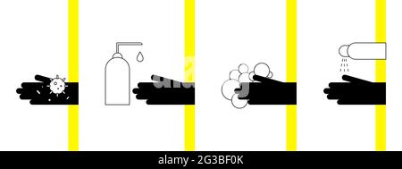 Illustration „Wash Your Hands“. Symbole für die Glyphen-Hygiene festlegen. Schmutzige Hände mit Bakterien, Covid-19, Seife, Schaum, Desinfektionsmittel, Antiseptisch. Vektorsymbole von Clean Stock Vektor